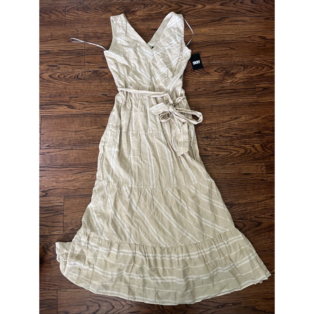 DKNY Linen Blend Beige Stripe Tiered Belted Size 8 Midi Maxi A Line Dress Preppy